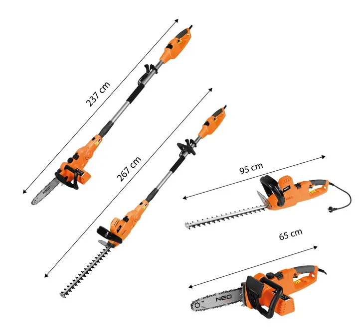 2'si 1 arada uzatma kollu bahçe aleti: motorlu testere 750W 250mm + çit budama makinesi 550W 460mm