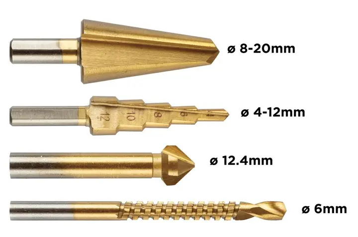 Kademeli matkap ucu 4-12 mm, rayba 12.4 mm, freze ucu 6x90 mm, havşa ucu 8-20 mm TiN