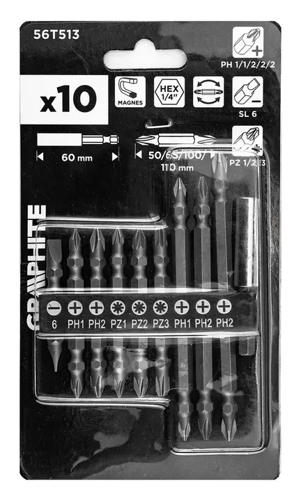 Manyetik tutuculu (60 mm) çift taraflı uç seti SL6, PH1x2, PH2x3, PZ1/2/3, 10 adet