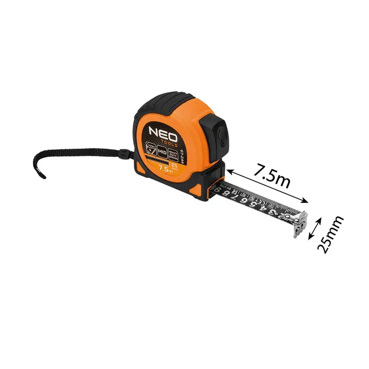 Super Black geri sarılabilir çelik şerit metre 7.5 m x 25 mm, otomatik kilitli, iki durdurma düğmeli, mıknatıslı