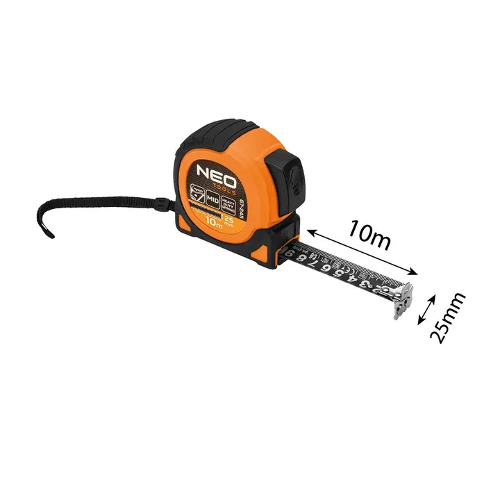 Super Black geri sarılabilir çelik şerit metre 10 m x 25 mm, otomatik kilitli, iki durdurma düğmeli, mıknatıslı